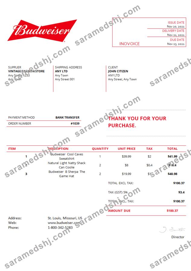 USA Budweiser invoice